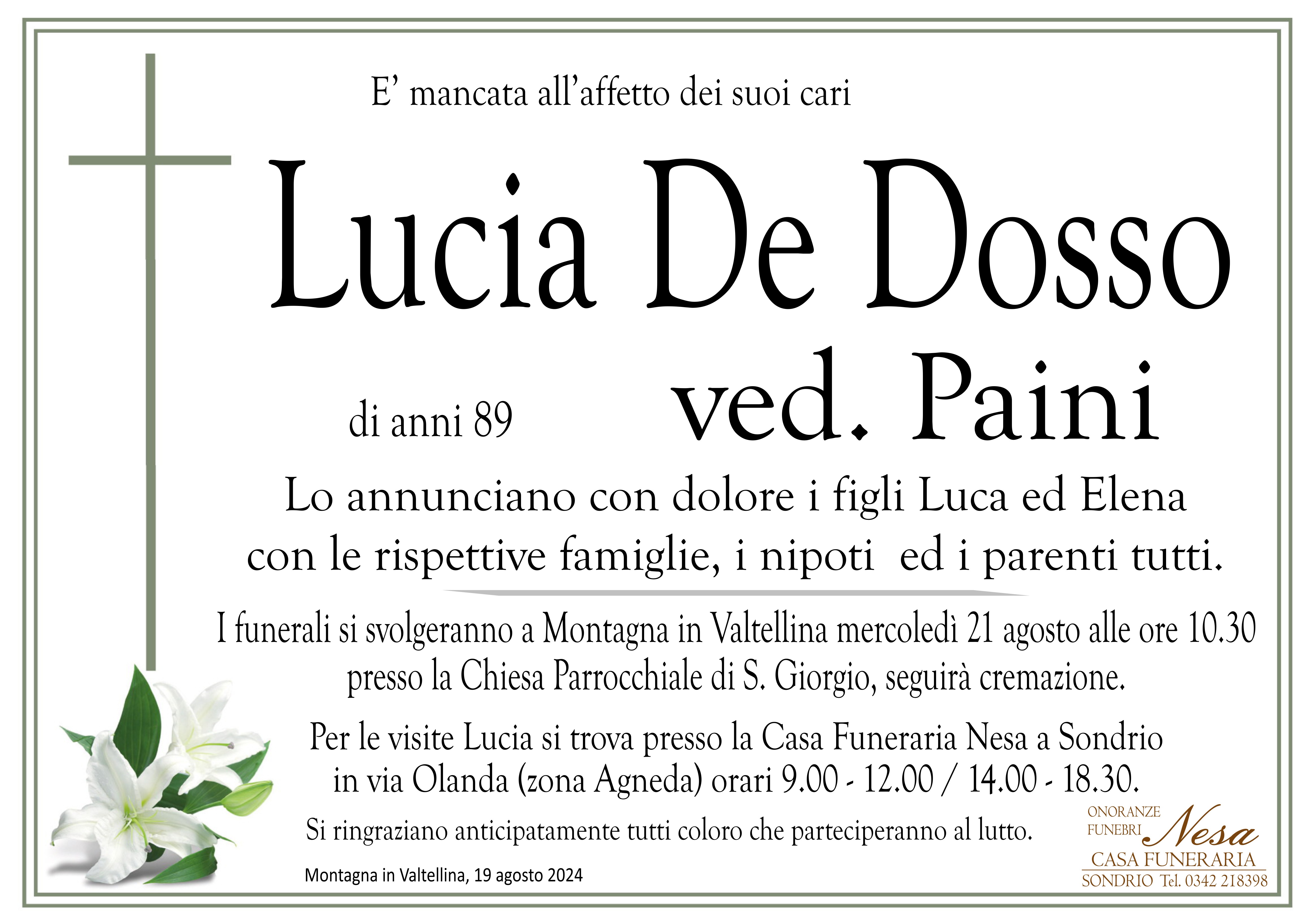 Necrologio Lucia De Dosso ved. Paini